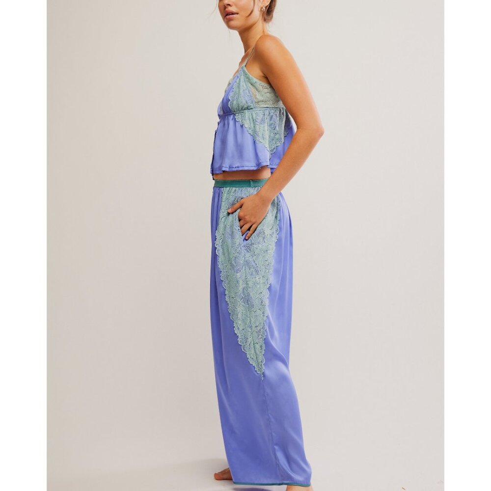 NWOT Free People Lavender Satin Lace-Trim Pajama Set with Mint Accents - Picture 2 of 10
